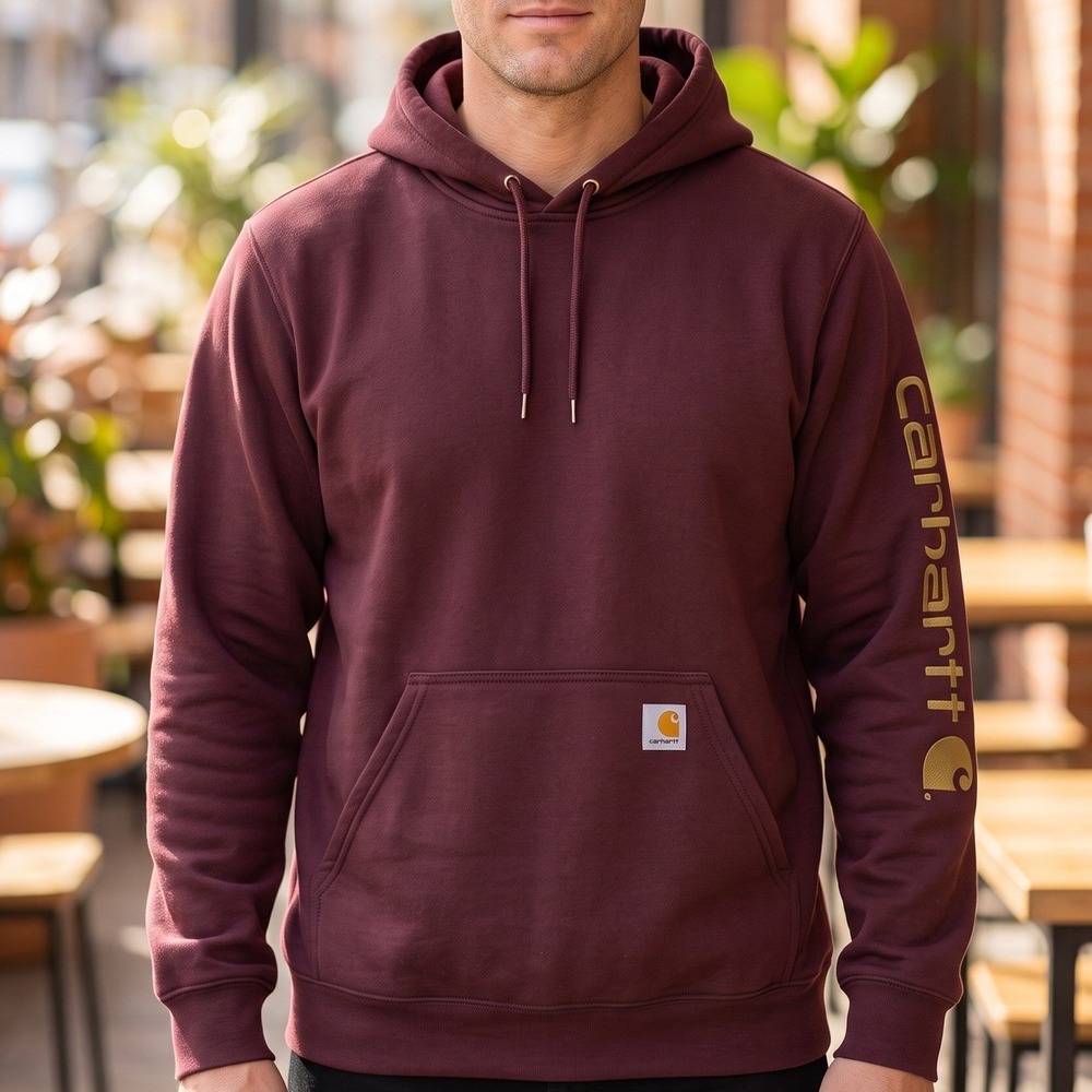 Carhartt Mens Sleeve Logo Hoodie Maroon Pullover Sweatshirt K288 Burgundy